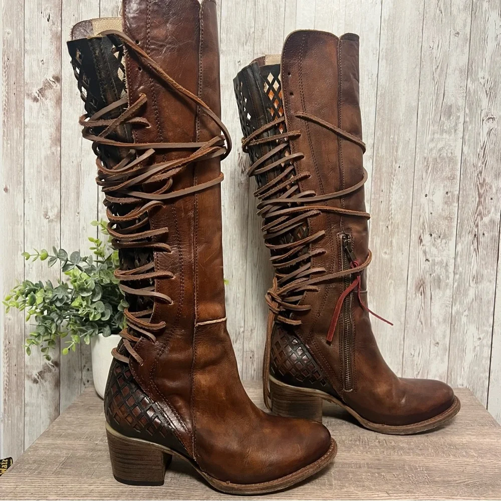 Freebird Steven Carver Tan Lace Up Leather Knee High Boots Coachella Festival 6 - Picture 4 of 9